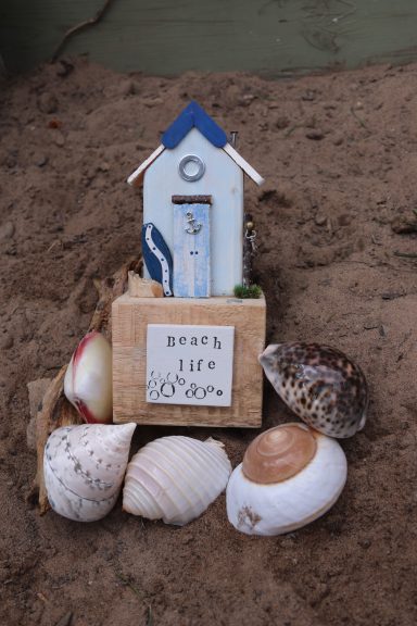 Coastal Hut A decorative beach-themed birdhouse surrounded by various seashells on sand.